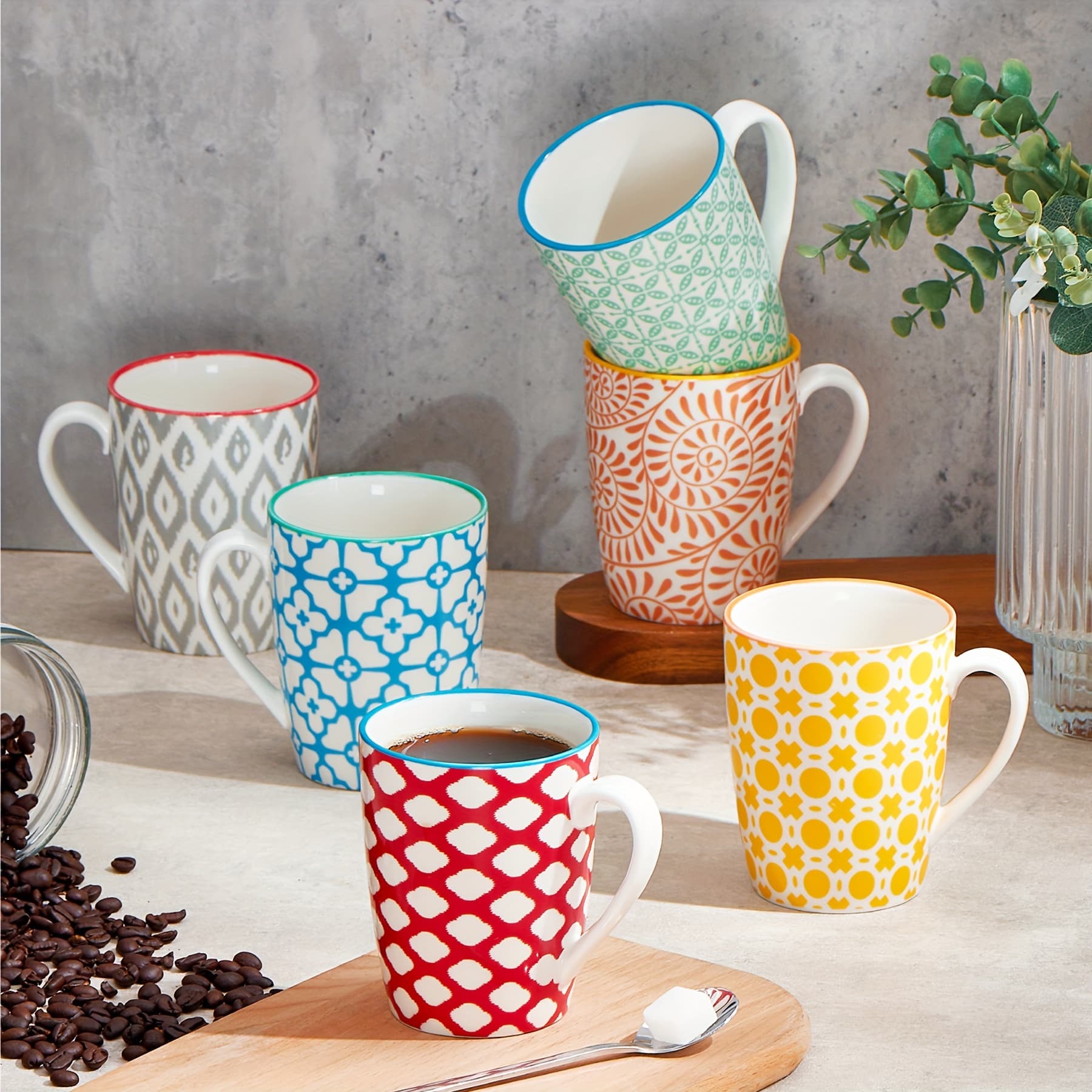 TEMU Set Of 6 Vibrant Mugs, Each Holding 12 Ounces, Featuring A Comfortable Grip, Ideal For Beverages , Coffee, Milk, , And Cereal - Uniquely Designed, Sturdy, And Safe For Dishwasher And Microwave