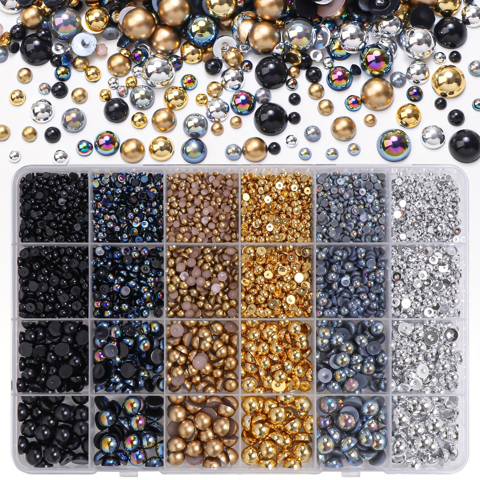 TEMU 9000pcs Of Handmade Pearls And Jelly Resin Rhinestones, Mixed Sizes Of 3/4/5/6/8mm Black, Silvery, And Golden Half-pearls And Jelly Rhinestones, For Crafts, Clothing Decoration, And Nail Art