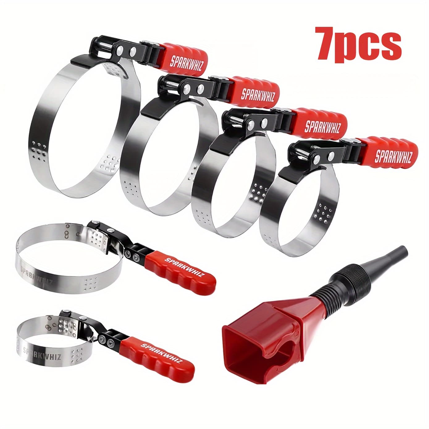 TEMU 7pcs Adjustable Oil Filter Wrench Set 2-1/16"-5-1/4" 6 Sizes With Small Oil Funnel Chain Wrench Strap Opener For Oil Change Removal Tool Retractable Fuel Funnel