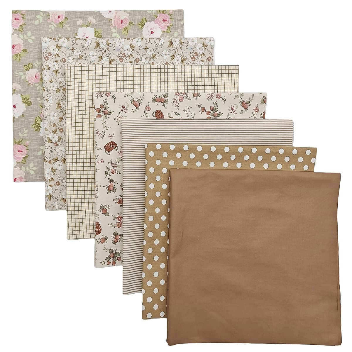 TEMU 7pcs Vintage Floral Fabric, Geometric Pattern Quilting Fabric, Pre-cut Polyester Craft Material Bundle For Handmade Bow, Clothing Craft, Doll Clothes And Sewing