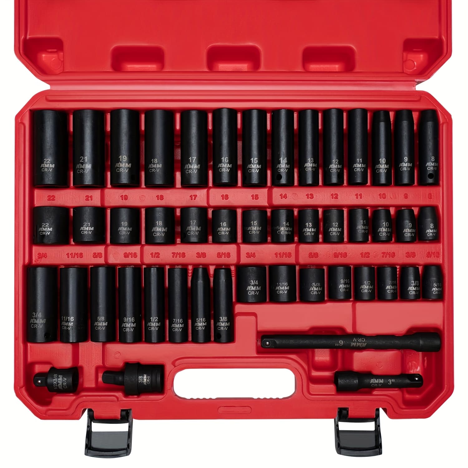 TEMU Amm 3/8" Drive Impact Socket Set, 48pcs Standard Sae (5/16 To 3/4 Inch) And Metric (8-22mm) Size, 3" And 6" Bar, Impact Joint, 3/8" To 1/2" Impact Adaptor,