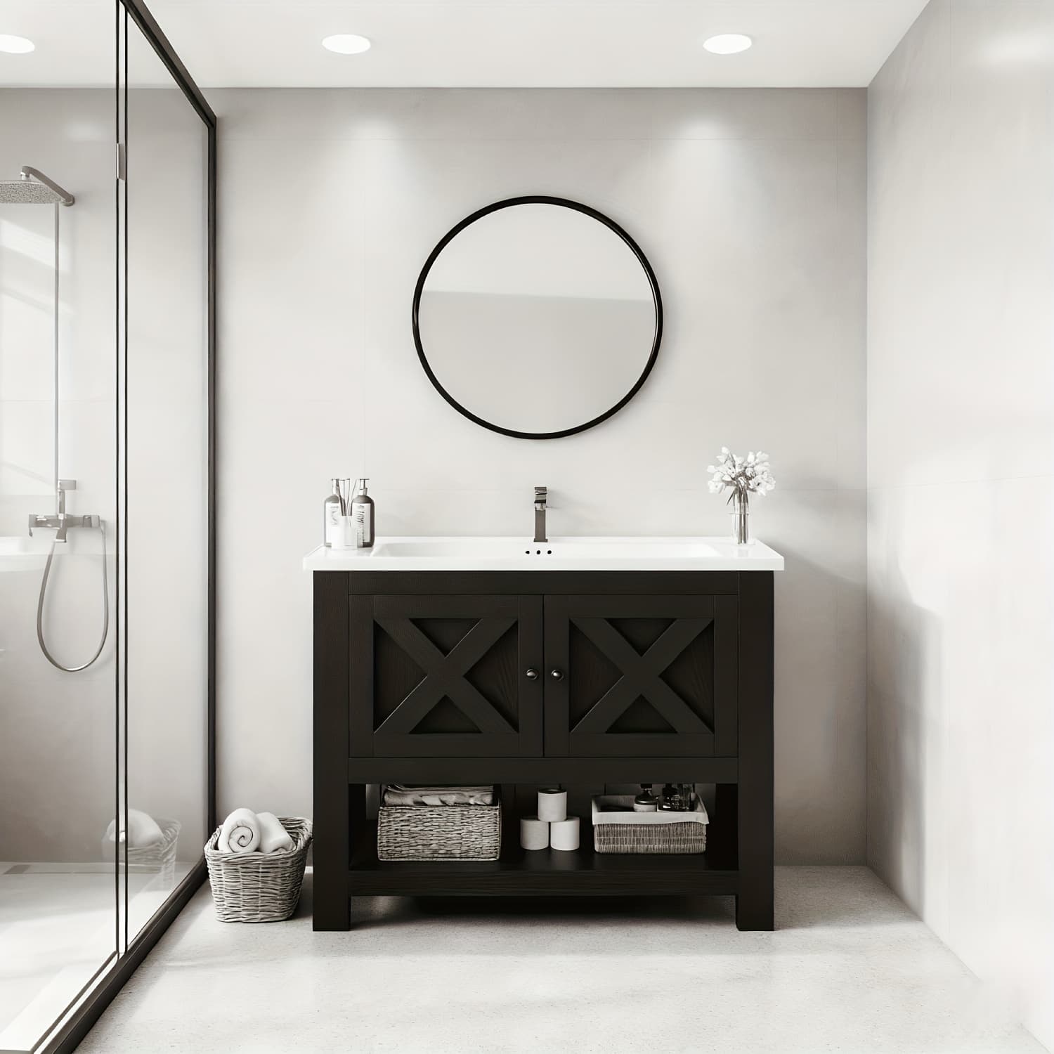 TEMU Winner Farmhouse Bathroom Vanity With Sink, 35" Bathroom Sink Cabinet With 2 Doors And Open Shelf, Black,, White