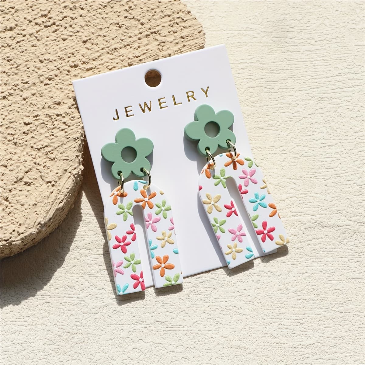 TEMU 1 Pair Of Women' Hollow Flower Head Colorful Flower Print Clay Texture Ins Design Arch Acrylic Temperament Elegant Earrings