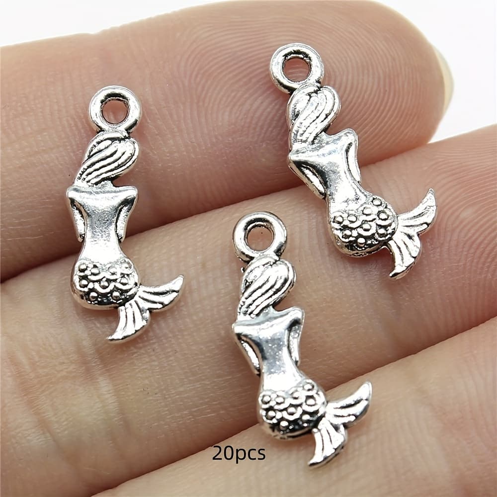 TEMU 20pcs Of Adorable Mermaid Pendants In Antique Silvery And Antique Golden Colors, Jewelry Additions For Handmade Necklaces, Bracelets, And Earrings, Measuring 8x20mm