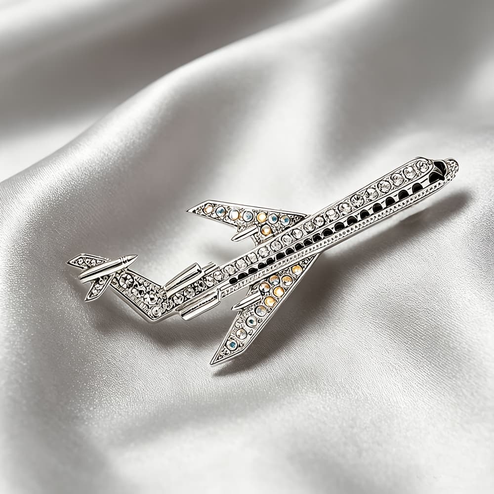 TEMU Elegant Airplane Brooch, Featuring Design With A Delicate And Dynamic Outline. With Sparkling Rhinestones And Black Enamel, It Offers Comfortable Wear And Is Unisex. A Versatile For Birthdays