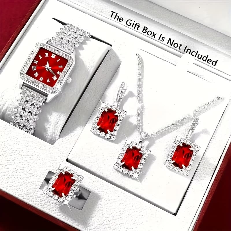 TEMU 5pcs Collection Of Stylish Women's And Jewelry, Featuring A Quartz Watch With A , Along With A Necklace, Ring, And Earrings. An Gift For Women