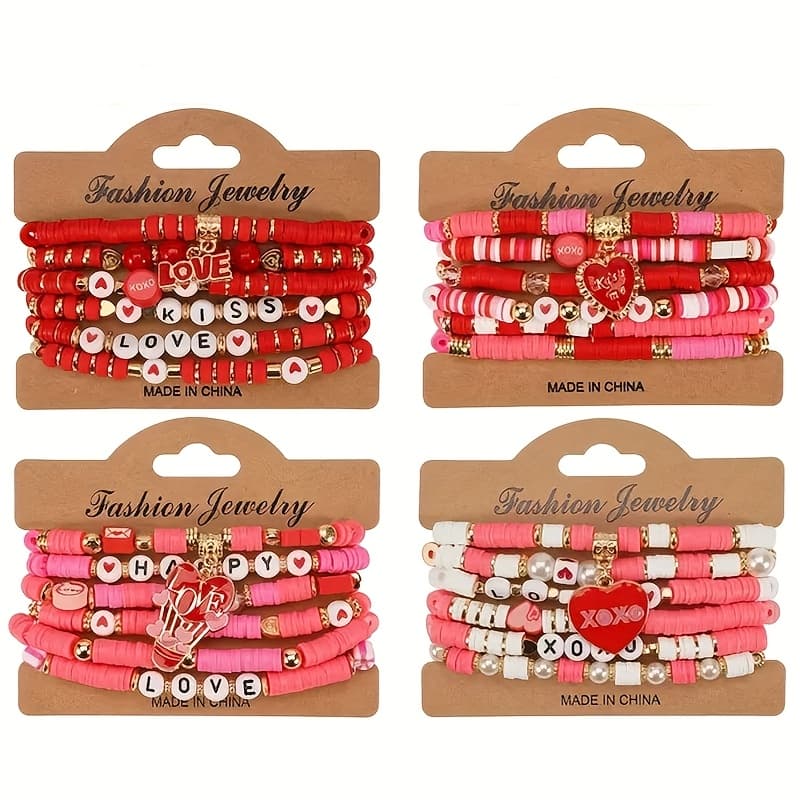 TEMU 24/36pcs Random Pink Bead Bracelet Set - Boho-chic Multilayer Stretch With Heart & Pendants, Perfect Gift For Her Valentine's Day Jewelry Gift