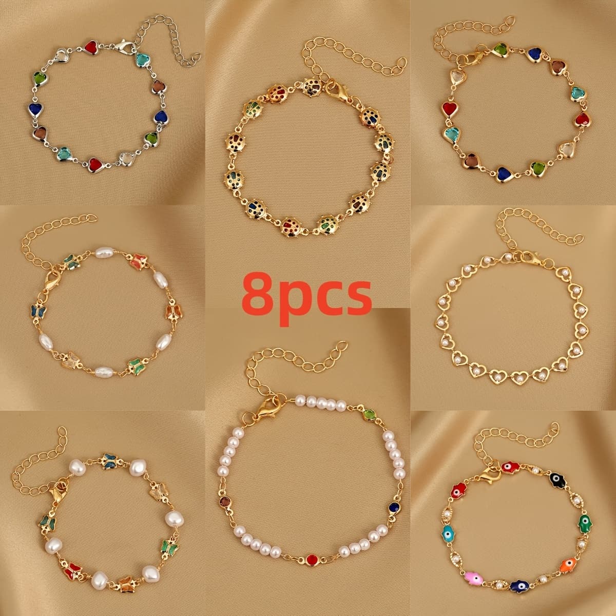 TEMU 8pcs Colorful Artificial Crystal Artificial Pearl Bead Bracelet, Women's Elegant And Cute Golden Bracelet Set, Perfect For Party, Holiday, Leisure And Daily Wearing