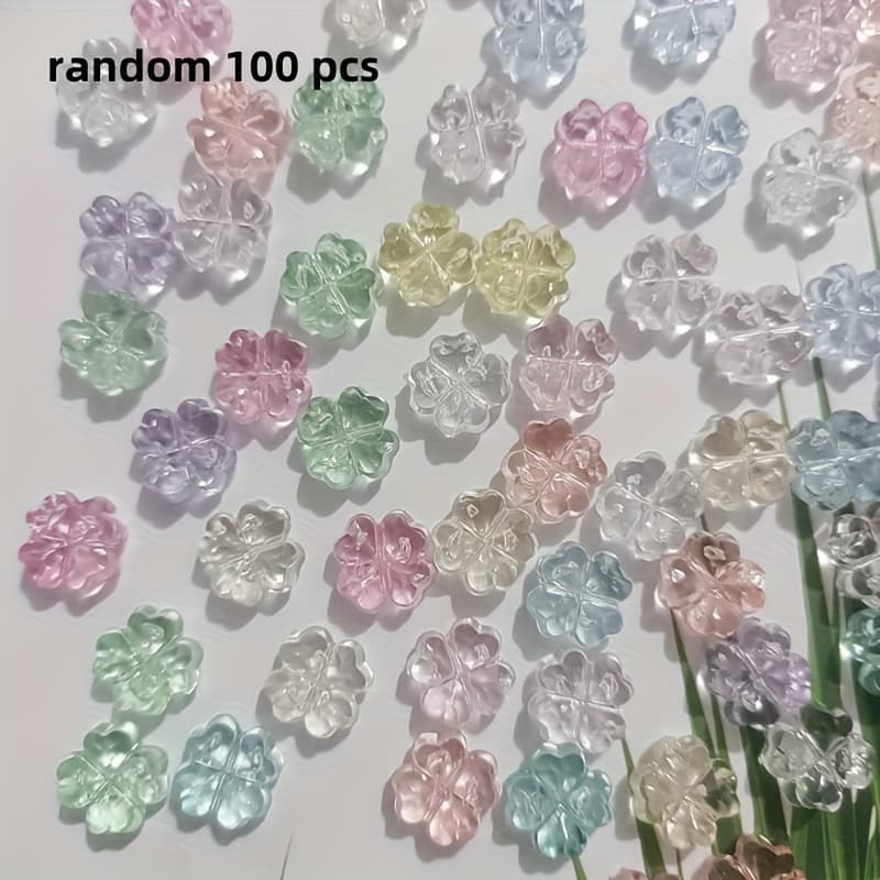 TEMU 100pcs Random Color Clover Pattern, Transparent, Non-pierced, Flat-back Resin Accessories, Handmade Materials, Suitable For Bracelets, Necklaces, Phone Charms, Car Decor, Ornaments