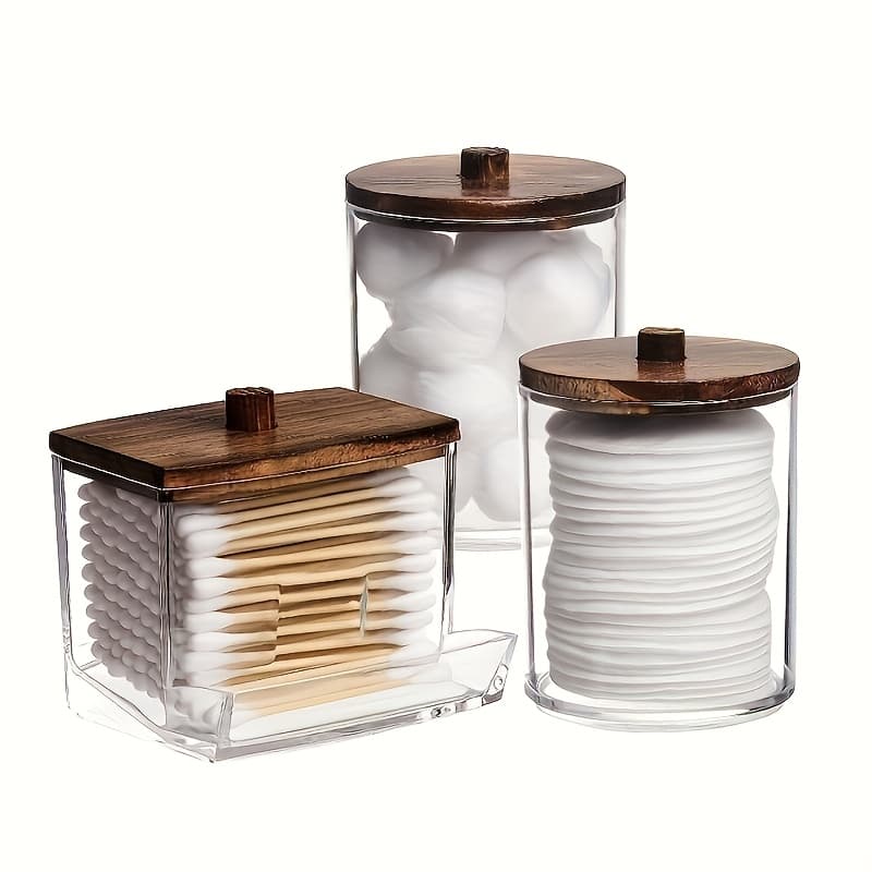 TEMU 6pcs Storage Box (3 Cups + 3 Lids) Storage Jar, Food Storage, Cosmetic Storage, Swab Box With Bamboo Lid, Sealed, Dustproof, Gift Set