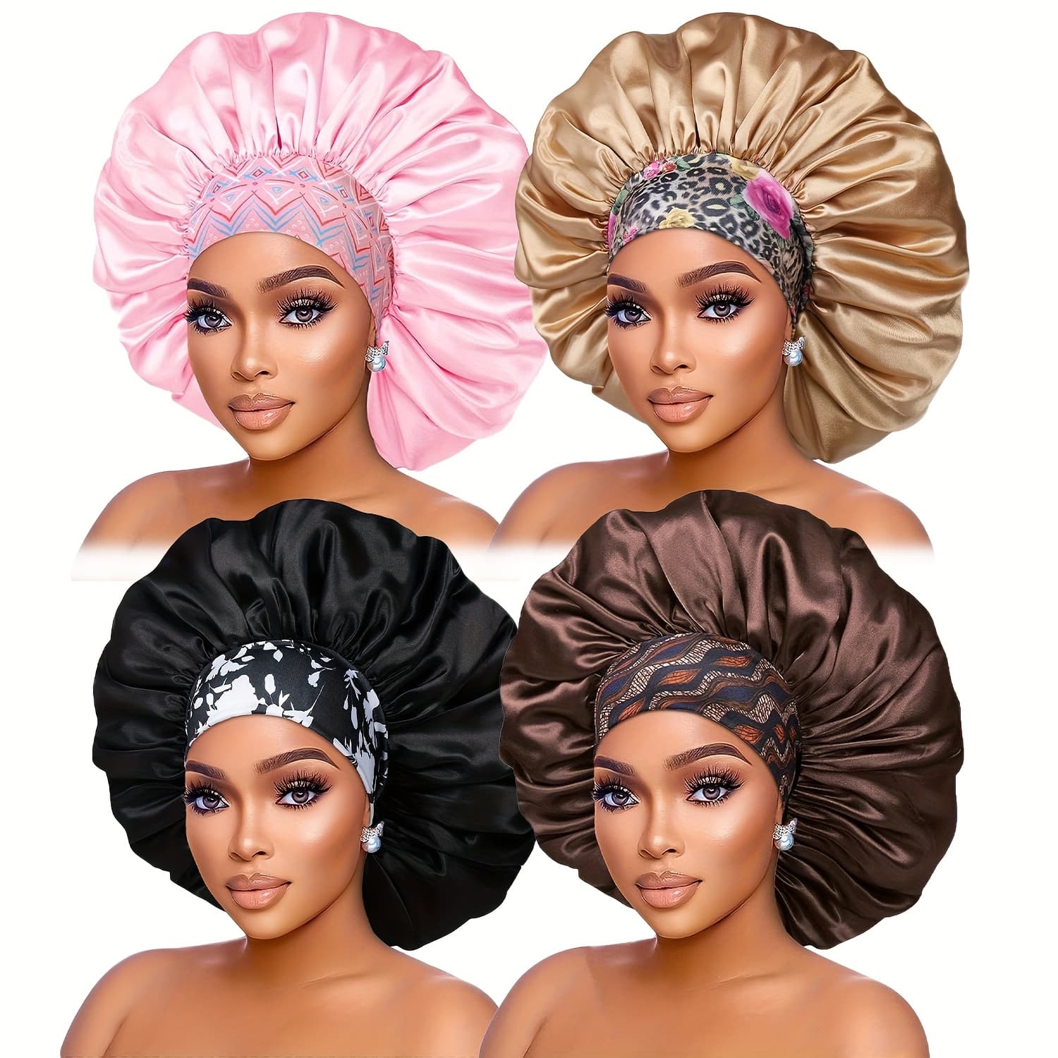 TEMU 4pcs Of Women's Fashionable Home Bonnets, Lightweight, Breathable, Hair Care, Sleep , (the Print Pattern Is Random.)