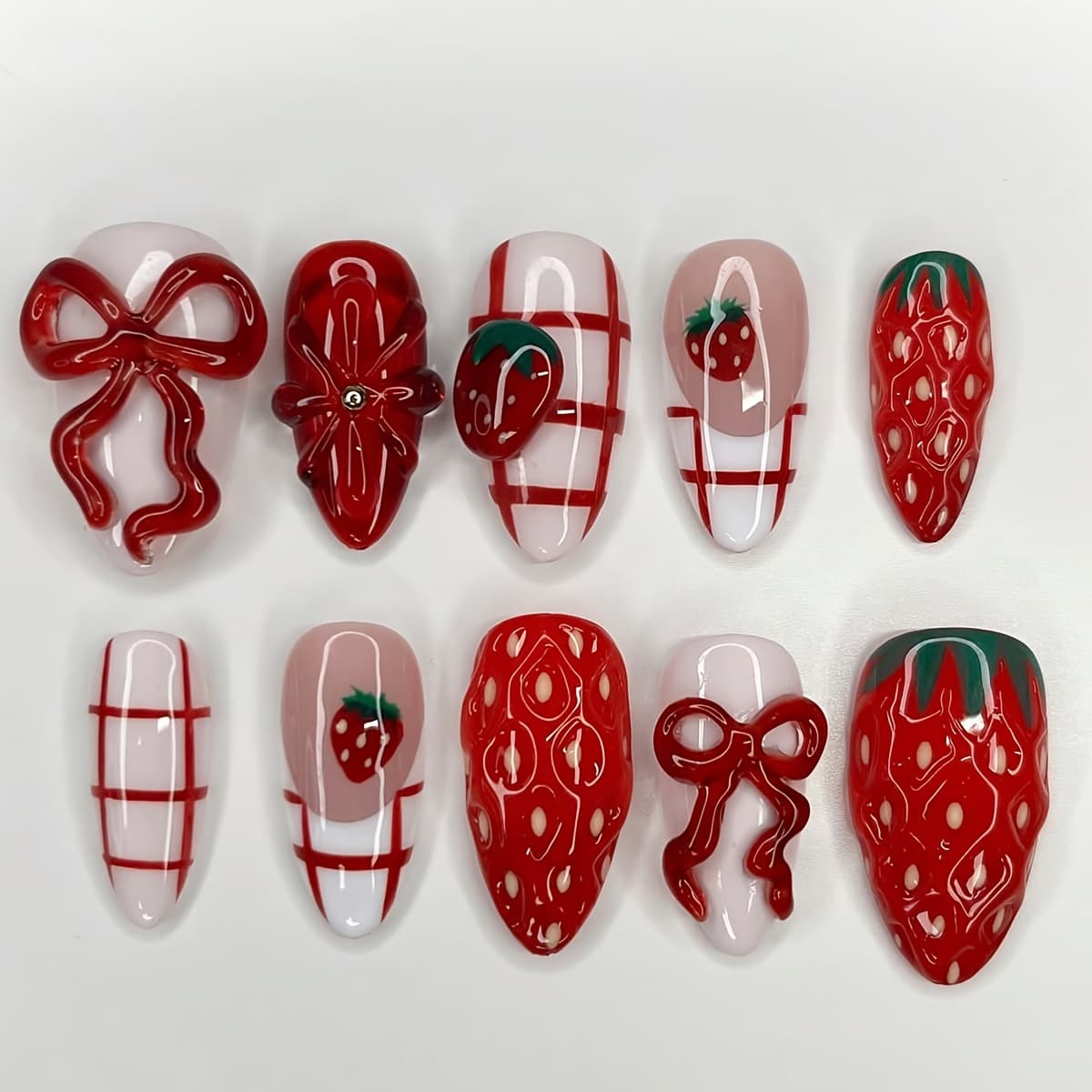 TEMU 10pcs Handmade 3d Press-on Nails Medium Almond 3d Strawberry Checkered Press-on Nails Design Reusable Full Coverage False Nails For ' Daily Wear