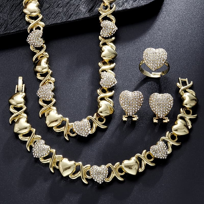 TEMU 5pcs Heart-shaped Design Necklace Bracelet Earring Ring Jewelry Set Inlaid Shiny Synthetic Zirconia Women Romantic Engasynthetic Gemstoneent Wedding Jewelry Gifts