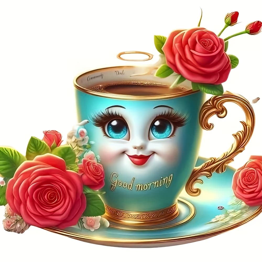 TEMU 6 "" Coffee Cup And Rose Patch - Blue Cup And With , Durable Vinyl Alcohol For Laptops, Bottles, Cars, Cell Phones