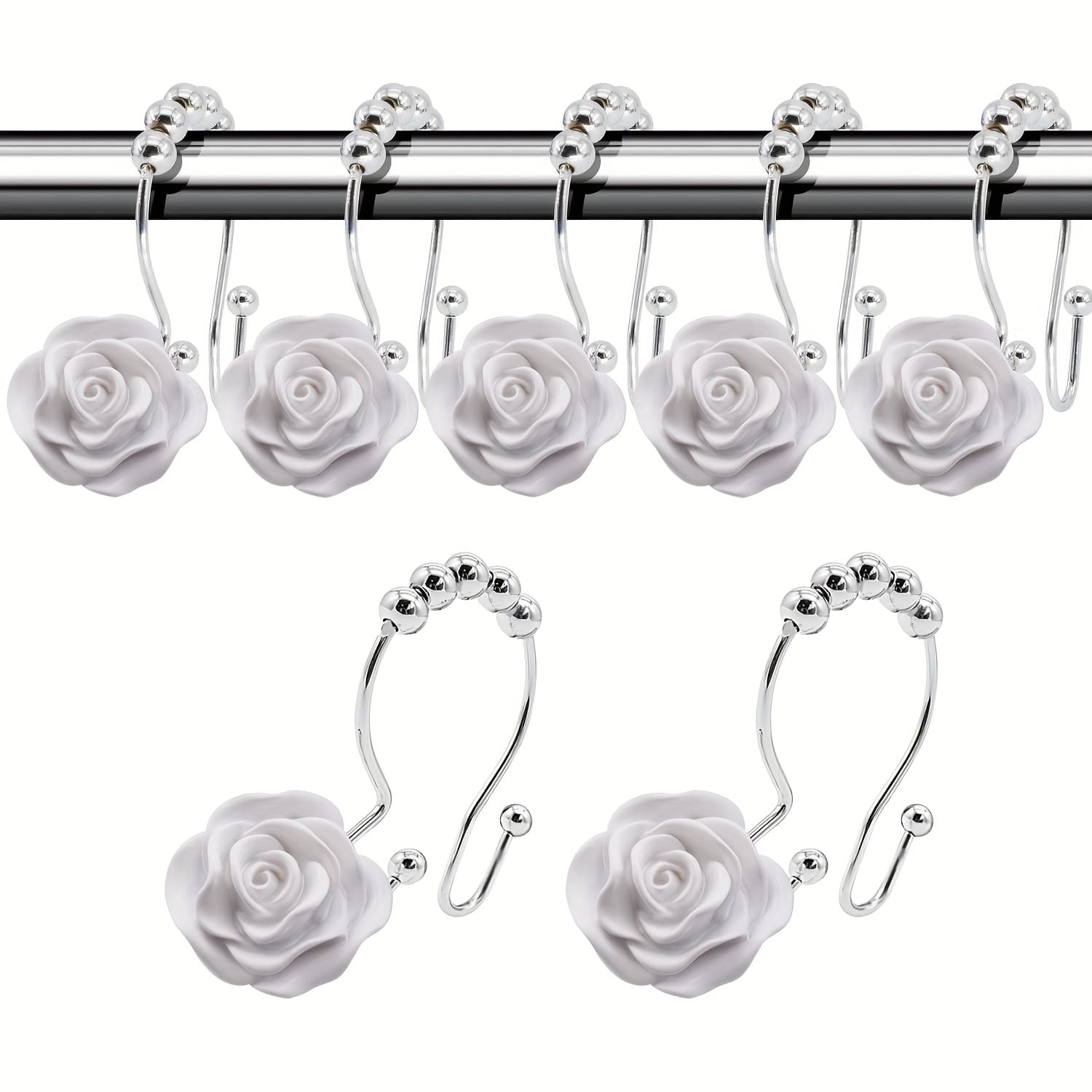 TEMU 12 Anti-rust Shower Curtain Hooks: White Rose Double-sided Ball Hooks Made Of Resin Material For And Beautiful Bathroom Decoration, Shower Bars And Curtains, High-end Bathroom Accessories