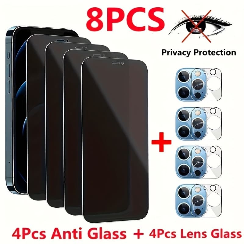 TEMU 8pcs Full Coverage Anti-peeping Tempered Glass For Iphone 15/14/13/12/11 Pro Xs Xr Glass And Full Covergar Camera Lens Glass For Iphone 11 12 13 14 15 Pro Xs Xr Glsas Film 14 15 Plus 9h Glass