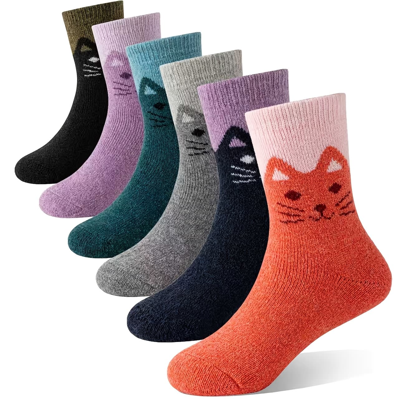 TEMU 6 Pairs Kids Merino Wool Hiking Socks For Toddlers Boys Girls Warm Thick Thermal Crew Boot Heavy Cozy Cute Cat Gift Socks