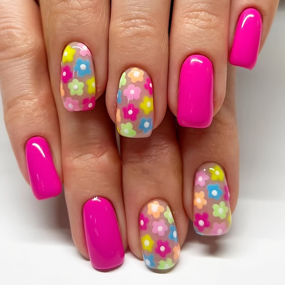 TEMU 24pcs Vibrant Square Press-on Nails Set - Medium Length With Floral Designs, - Includes Jelly Glue & Nail File, Ideal For