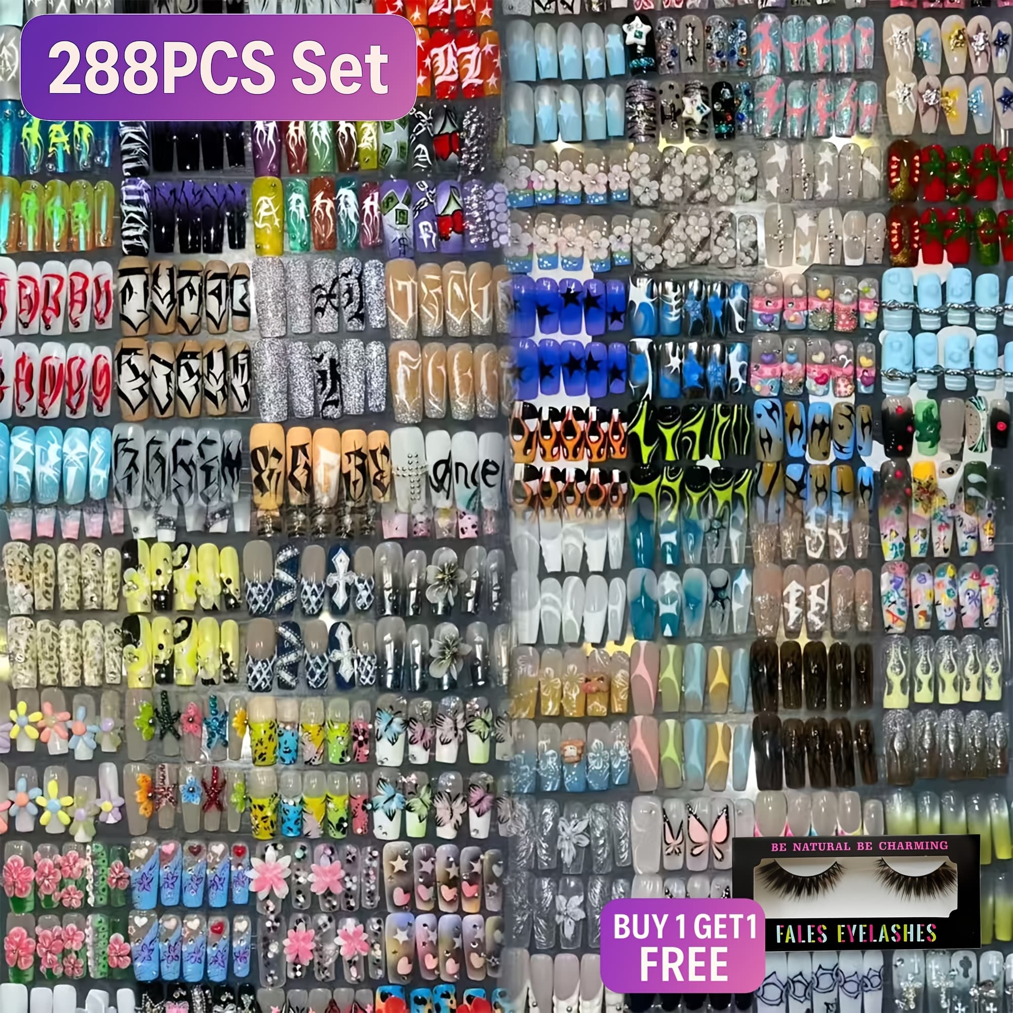 TEMU This 288pcs Nail Showcases A Of , Including Rhinestones, Hearts, And Patterns In Shades Of Nude, Pink, And Assorted Colors. Ideal For Any Event, Reusable, Easy To Apply