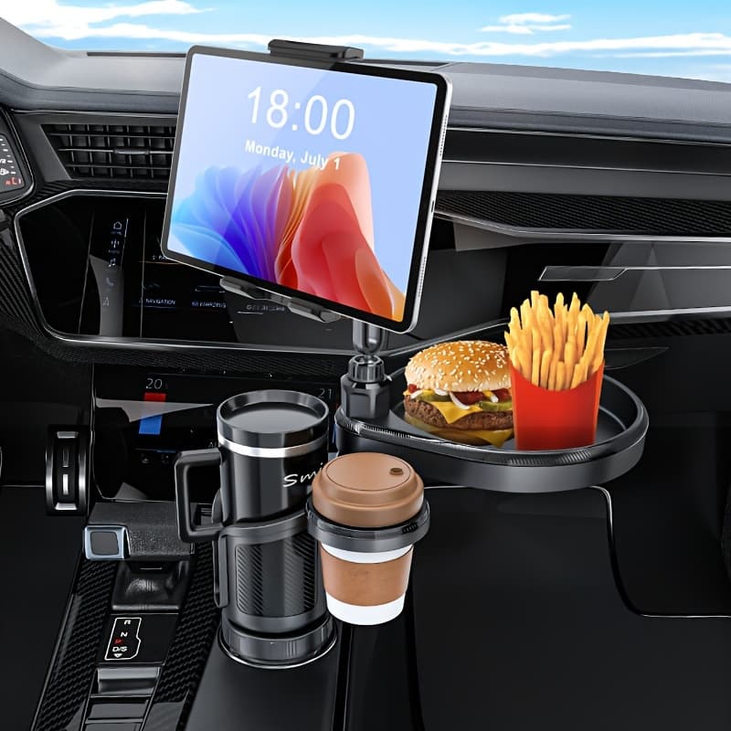 TEMU Dual Car Cup Holder Tray And Tablet Phone Mount Expander For Car, Cup Holder Tray Table With Expandable Base, Dual Drink Cup Holder Tray Compatible For Most 4.7-13" Cell Phones And Tablets