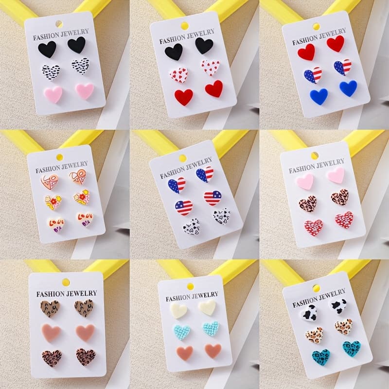 TEMU 27 Pairs (9sets) Of Delicate Heart Shaped Acrylic Stud Earrings Lightweight Female Ear Ornaments Delicate Gift For Valentine's Day.