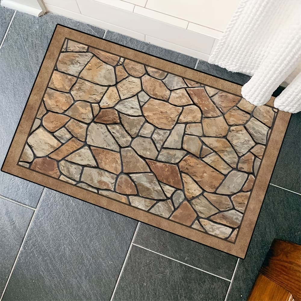 TEMU Stone-inspired Non-slip Doormat - Rectangular, Washable Polyester Entrance Mat With Realistic Brick Design, Perfect For Indoor/outdoor Use, Home Decor