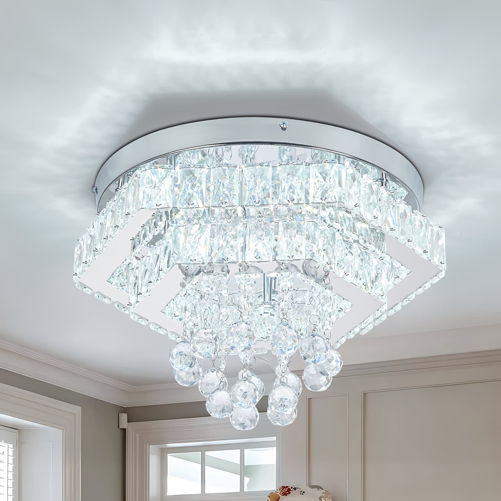 TEMU 15.7-inch Crystal Chandelier Modern Ceiling Light Led Mount Fixture With 2 Layers For Living Room, Dining Room, Bedroom, And Hallway (6500k Cool White)