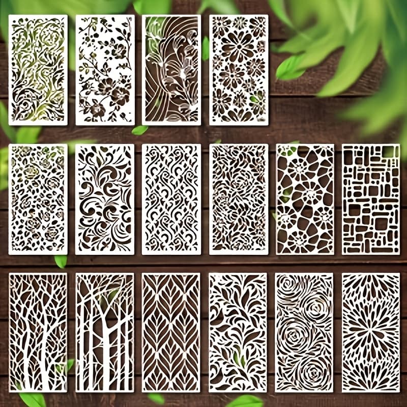 TEMU 16 Geometric Texture Hollow Templates, Pattern Creative Fabric Wall Panels, Wood Graffiti Spray-painted Covering Panels, Reusable And Washable