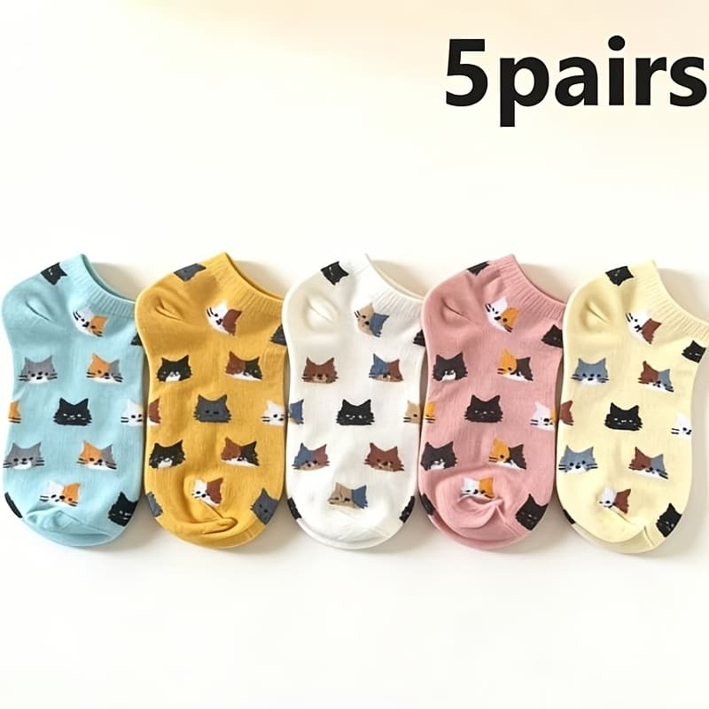 TEMU 5-pair Pack ( Discount Suitable For Schools, Parties & Casual Attire) - Unisex & Kitten Ankle Socks With & Kitten Faces - Spring Summer Socks For And