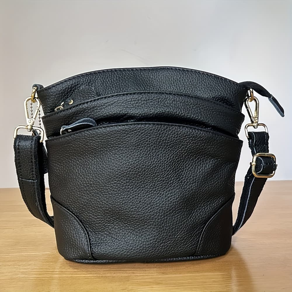 TEMU [elegant Style] Genuine Leather Women's Crossbody Bag, Double Pockets, Detachable Shoulder Strap, Zipper Closure, Multi-functional Shoulder Bag, Satchel Bag