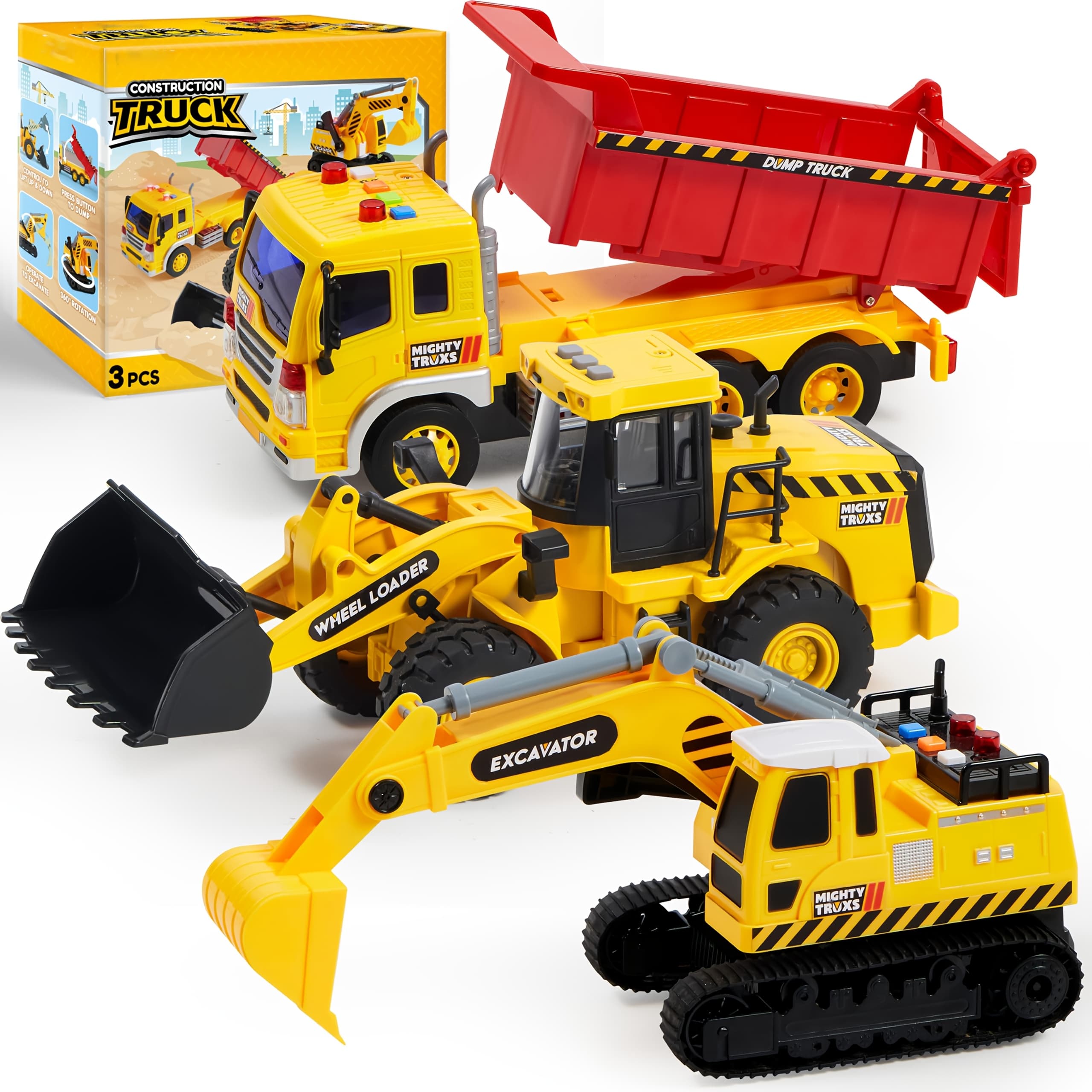 TEMU 3 Pack Construction Toy - Excavator, Dump Truck And Loader, Moveable Claw & Lifting Back, Construction Truck Toy, Christmas Borthday Gift For