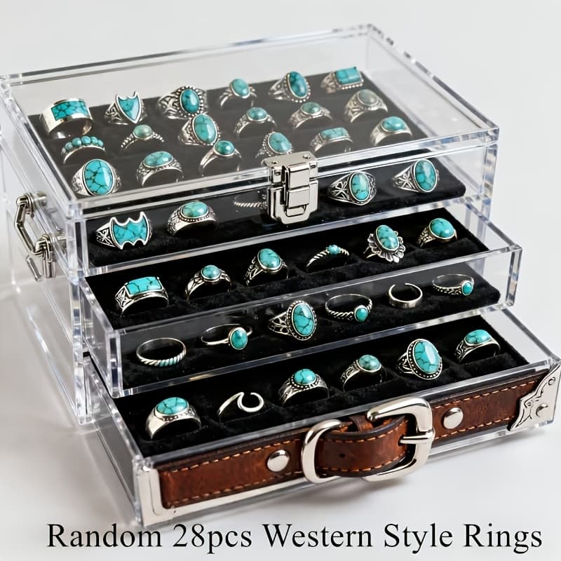TEMU Random Of 28 Vintage Bohemian Ring Sets, Turquoise Ring Sets, Stackable Ring Sets Featuring Geometric Heart And Designs. Suitable For Ladies' Everyday Wear, Holiday Parties, And Festive Gifts