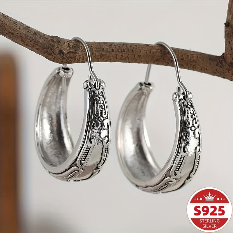TEMU 925 Sterling Silvery Low Allergy Earrings - Vintage Carved Pattern, Simple Vintage Style, , Durable, Stylish Feminine Accessories, Casual Attire, Occasions, And Christmas