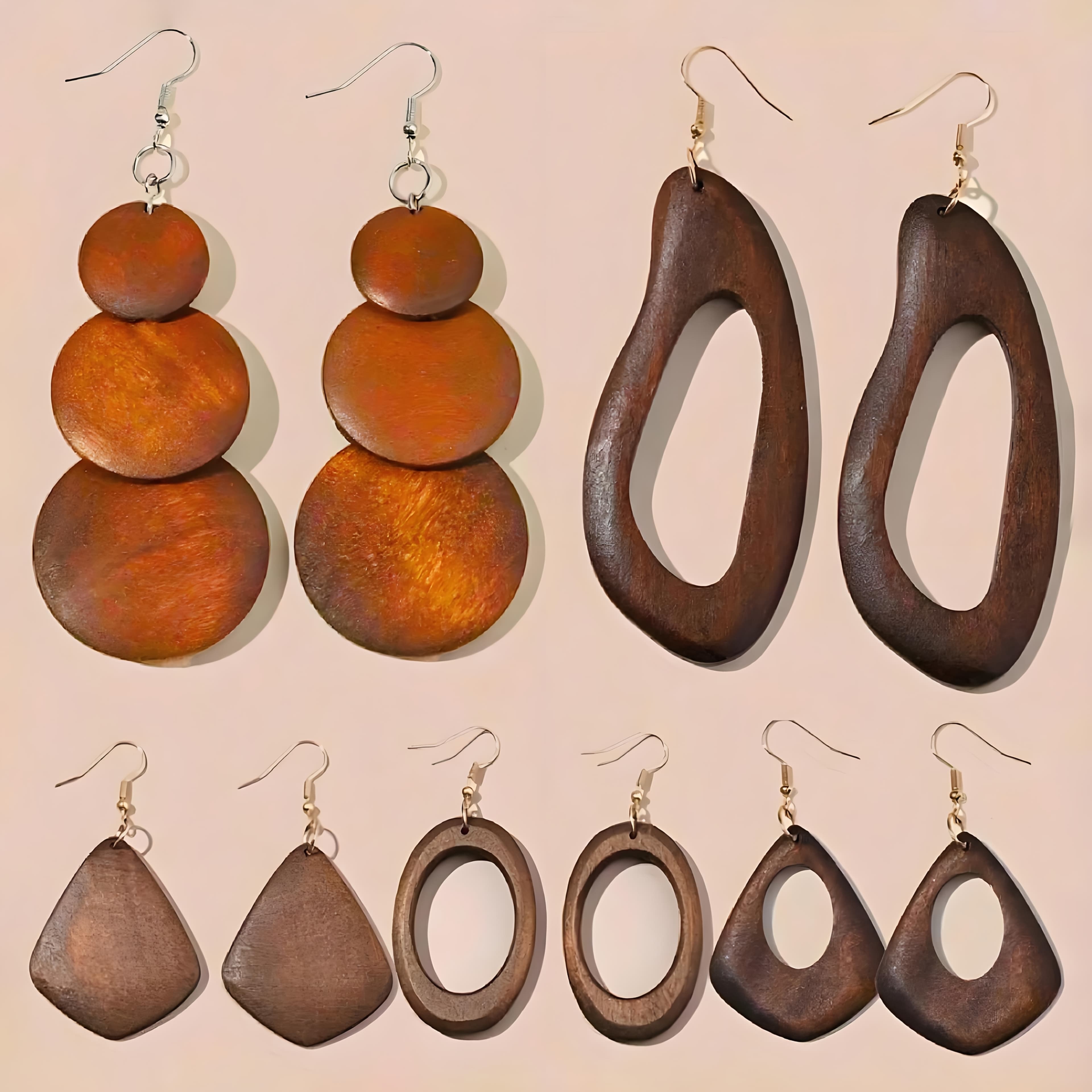 TEMU 5 Pairs/6 Pairs/set, Solid Wood Dangle Earring Set, Multiple Hook Options
