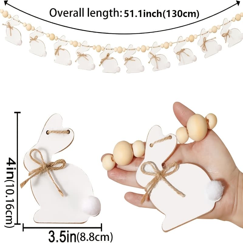 TEMU Cute Rabbit Easter Wreath With Wooden Beads | Country Style Banner Flag, Suitable For Mantel, Wall, Home, Office, School Indoor And Outdoor Spring Decoration Supplies