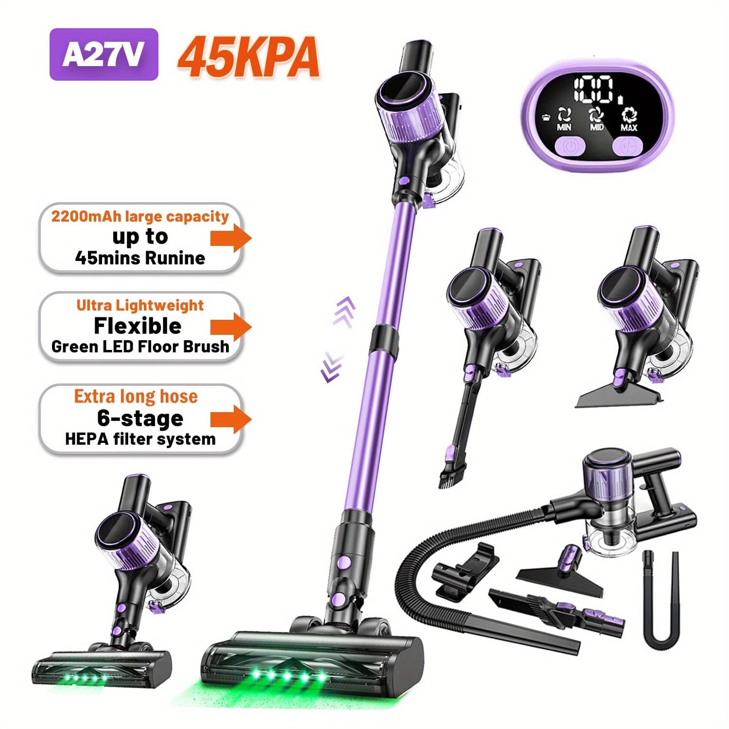 TEMU Cordless Vacuum Cleaner, 10in 1 Powerful Stick Vacuum, With Anti- Brush And Upgraded Green Light, 45 Mins Rechargeable Lightweight Vacuums For Hardwood Floor, Carpet, Pet Hair.