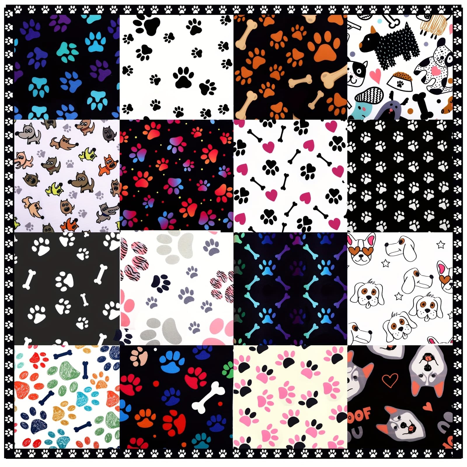 TEMU 16pcs Set Of 10 X 10 Inch Cute Claw Fabric, Animal Footprints, Puppy Print Decoration Fabric, Bone Claw Pattern Suitable For Dog Lovers To Diy Quilting And Sewing
