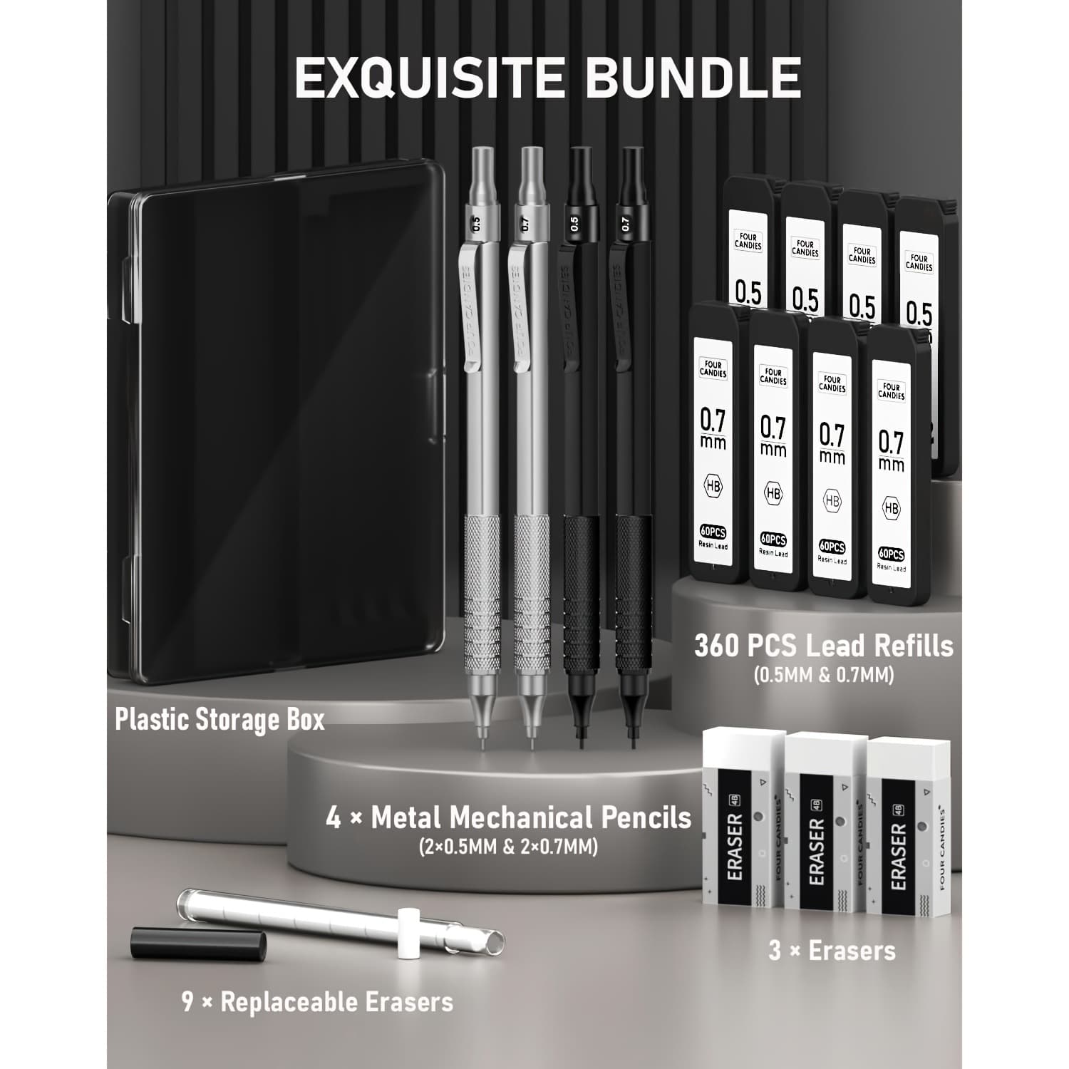 TEMU 4 Candies 4pcs Metal Mechanical Pencils Set With Case, 0.5mm & 0.7mm Artist Pencil With 8 Tubes (480pcs) Hb Lead Refills, 3 Erasers, 9 Eraser Refills For Writing Drafting, Drawing,