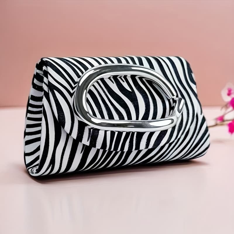 TEMU An Elegant Zebra Print Clutch With Magnetic Closure And A Detachable Long Chain Strap, A Stylish Evening Bag Perfect For Parties And Birthday Gifts