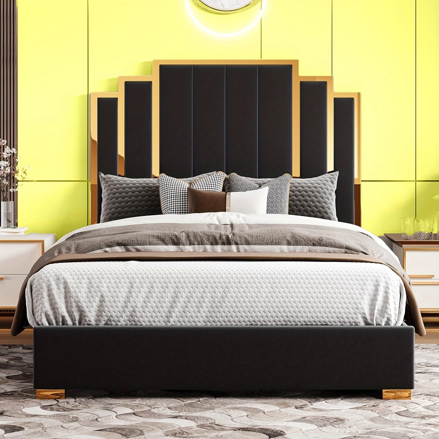 TEMU Papajet Upholstered Bed Frame With Golden Accents And A 61-inch Headboard - Contemporary
