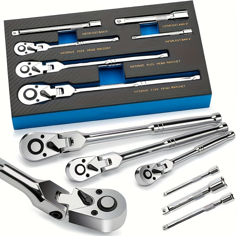 TEMU 6pcs Ratchet Wrench Set, With 2-tooth Ratchets 1/4-inch, 3/8-inch, 1/2-inch, With Extension Rod, Made Of High-quality Chrome Steel, Chrome Plated Surface, Eva Foam Storage Box, Without Battery