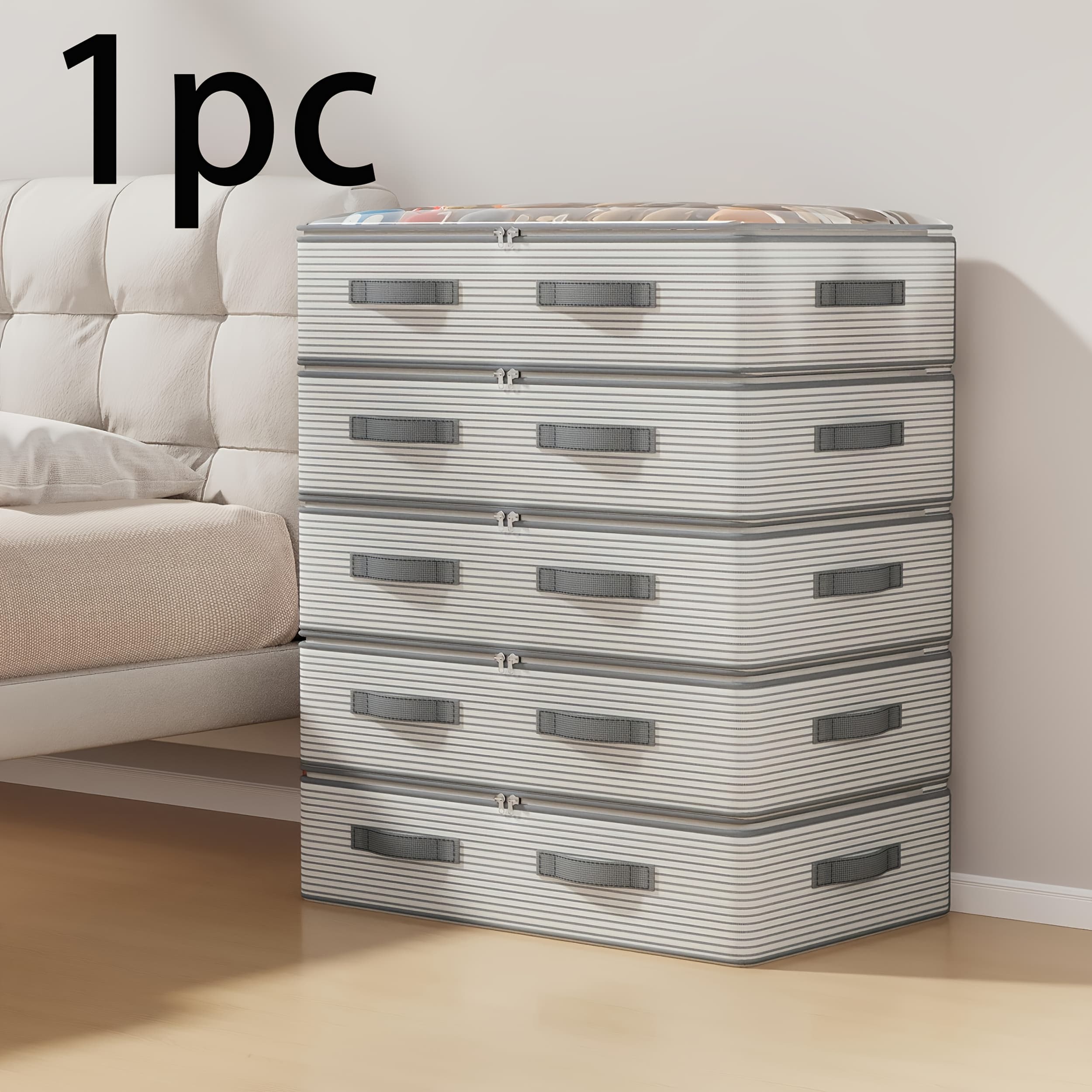 TEMU Extra Large Capacity Storage Organizer Bag - Underbed Storage Box Flat Seasonal Clothes And Bedding Storage Durable Non-woven (white/gray) Drawer-style Storage Box, Under-bed Storage