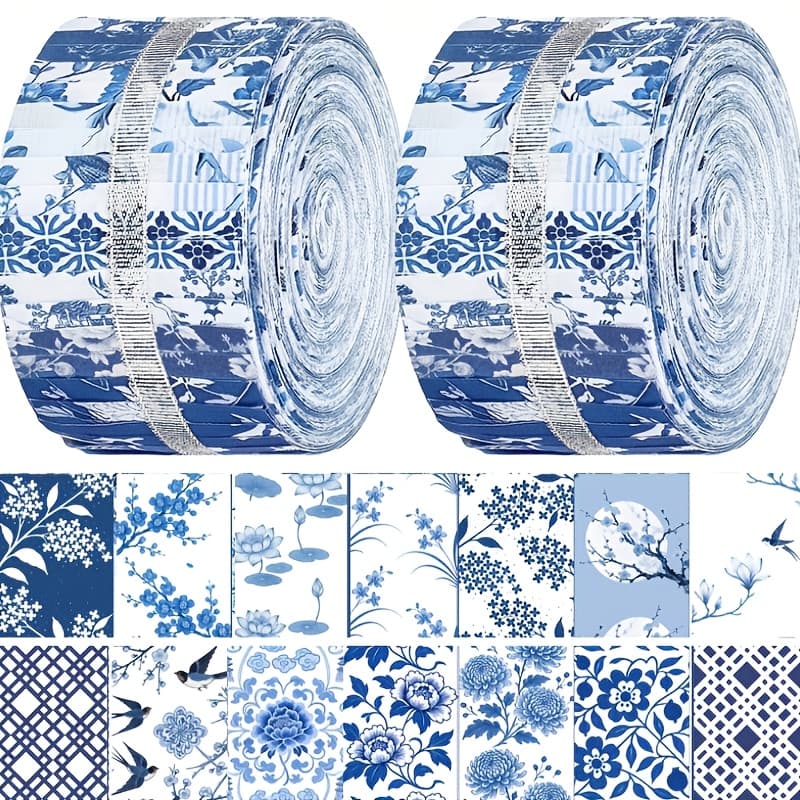 TEMU 40pcs Chinoiserie Fabric Blue White Jelly Fabric For Quilting Roll Porcelain Floral Quilting Strips Precut For Craft Sewing