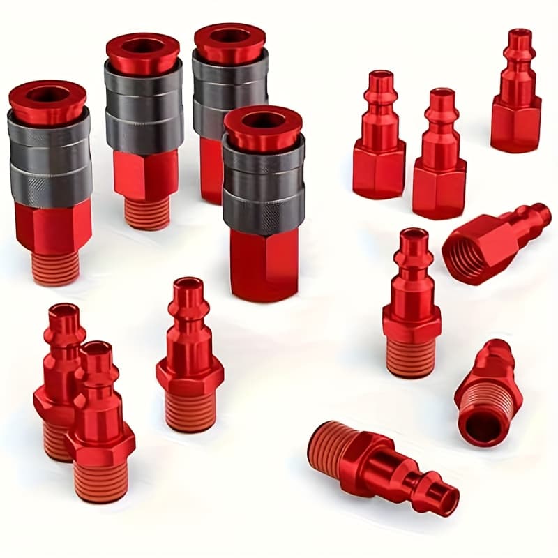 TEMU Industrial Air Hose Connector 1/4 In. Npt Quick Connect Air Connector And Plug Kit Aluminum Air Compressor Connector Kit Industrial Pneumatic Air Tool Adapter Kit 14pcs Red