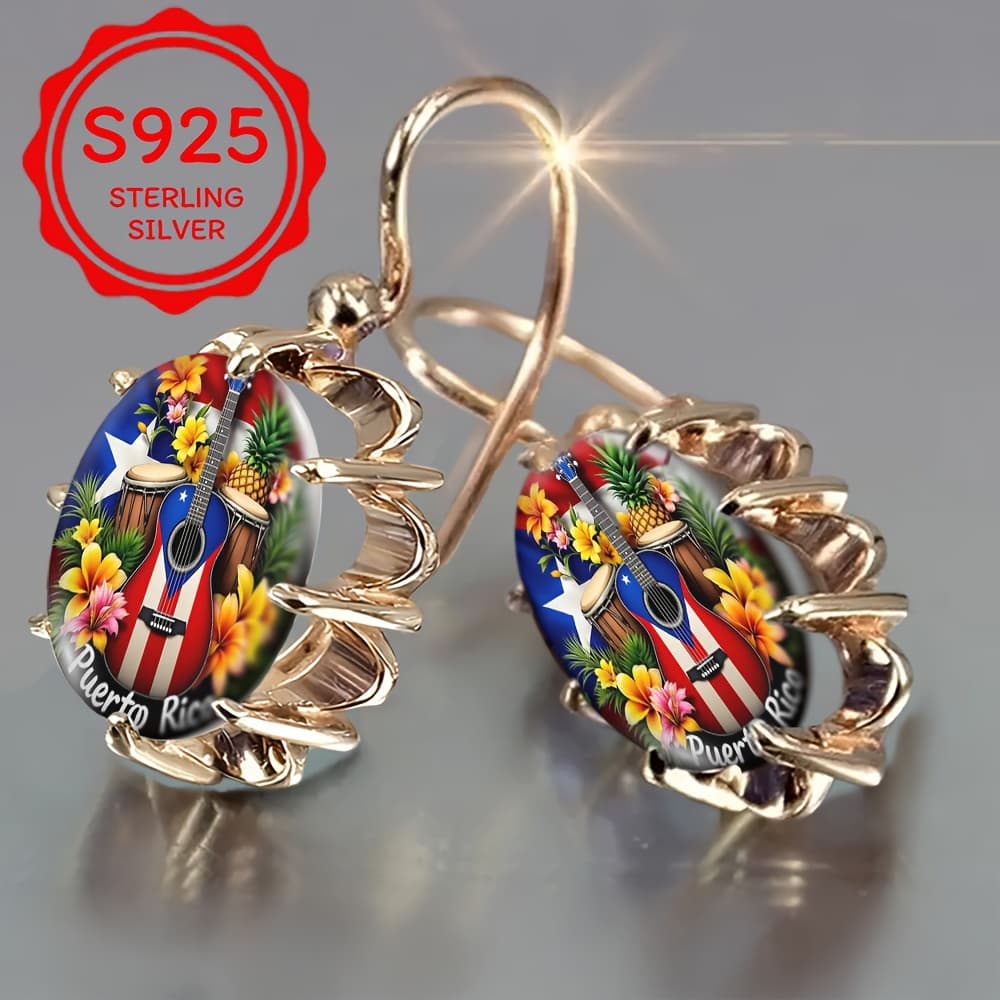 TEMU Women's Puerto Rican Flag Guitar And Flower Pendant Earrings, Elegant Prong Setting Design, Fashionable And Trendy Jewelry, Suitable For Casual Attire.
