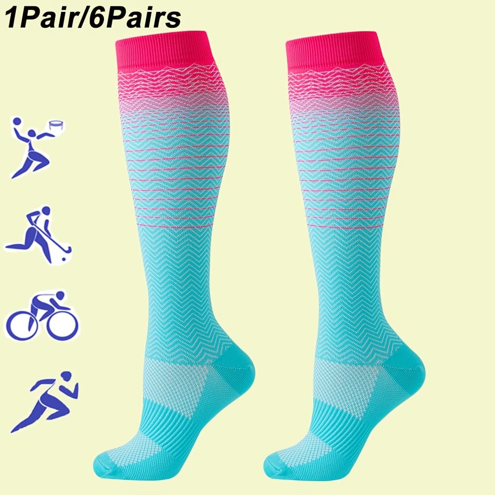 TEMU 1pair/6pairs Colorful Lines Compression Socks For Support Cycling Dancing Yoga Of Knee High Compression Stockings Gift For Mom