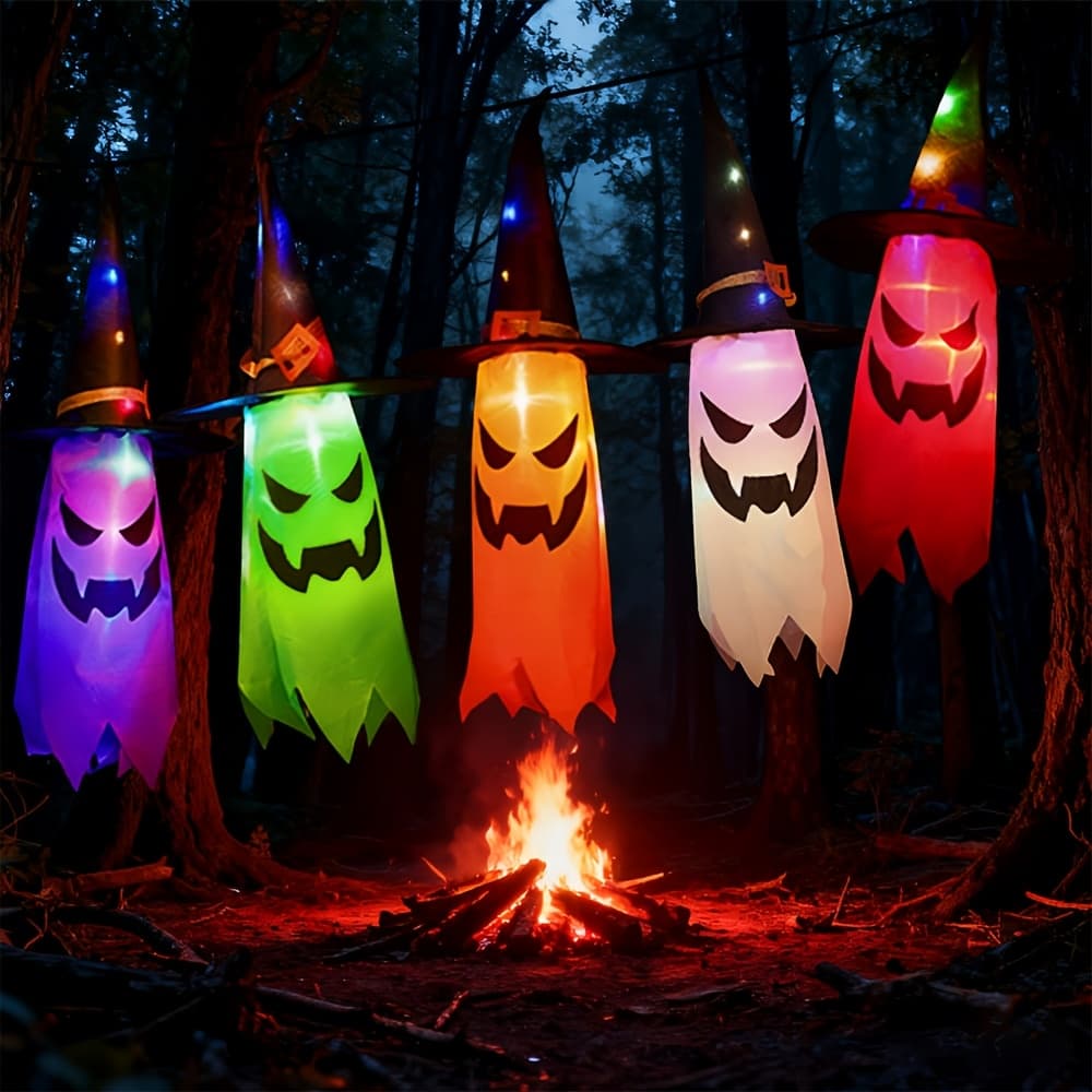 TEMU 5pcs Halloween Hanging Witch Hats With Led String Lights, Ip44 Glowing Wizard Hat Lights, Battery Operated Floating Decor For Outdoor Tree, Yard, Garden & Porch Party