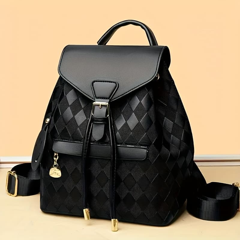 TEMU Fashionable Ladies Quilted Pu Backpack - And Black With Golden Buckles, Adjustable Shoulder Straps And Facial Charm - Perfect For Work, Travel And Daily Use, Travel Backpack