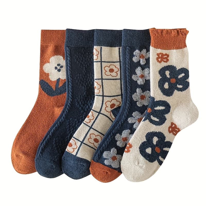 TEMU 5 Pairs Of Retro-style Women's Socks Featuring Floral Patterns In Orange And Blue, Designed For Casual Wear. Soft And Comfy Lace Socks Are Cute, Relaxed, And