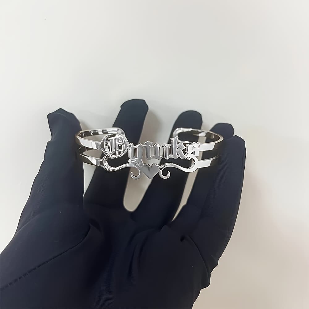 TEMU Customized Name Bangle, Personalized Love Ribbon Hollow Name Bangle, Stainless Steel Opening Adjustable Bangle, Women's Popular Jewelry